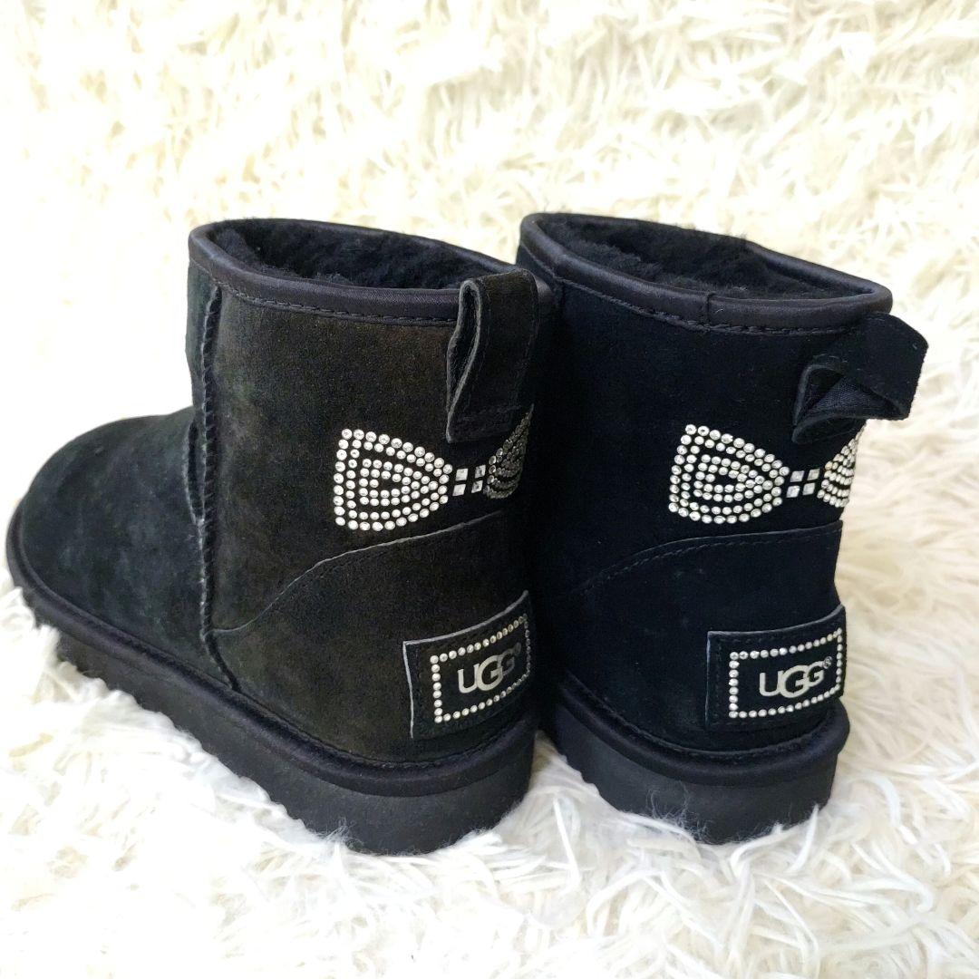 【美品】UGG アグ ラインストーン リボン ムートンブーツ ブラック　黒