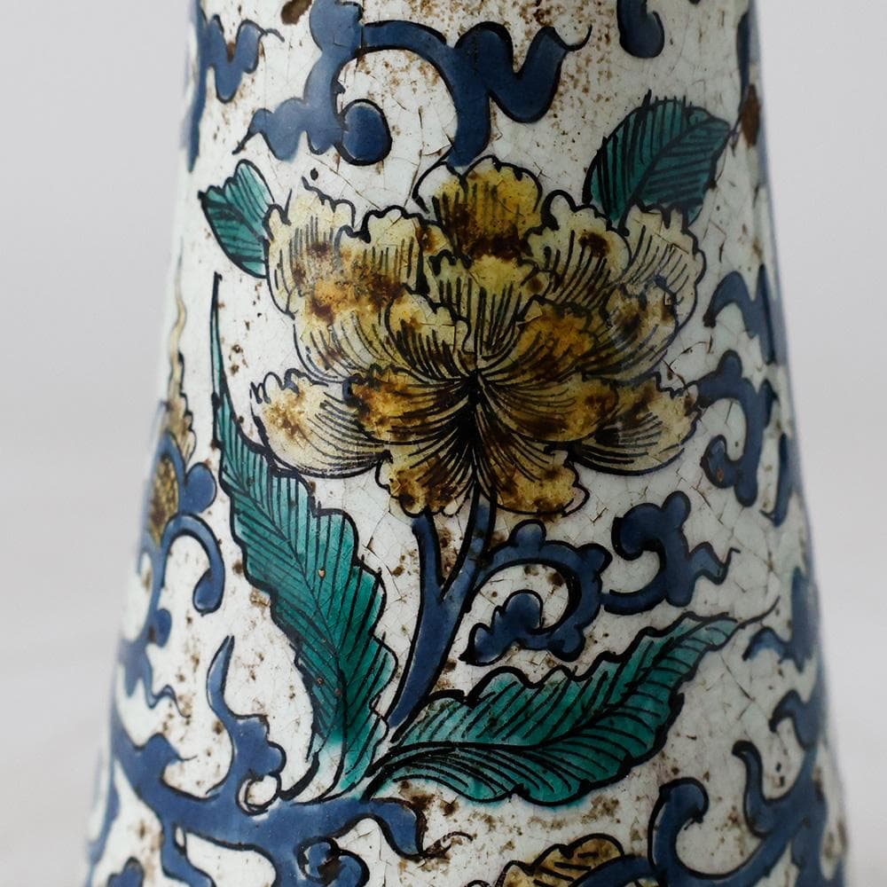 幕末明治 古陶 九谷焼 色絵 花唐草文 花入 花器 貫入 古美術 古道具 合箱