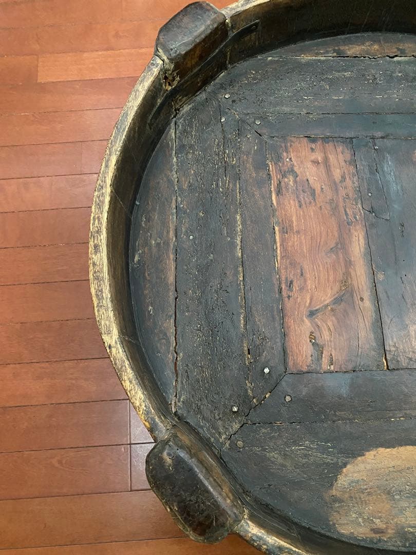 【25年物・特大90cm】アジアンアンティーク 円形座卓 ガラス天板 彫刻