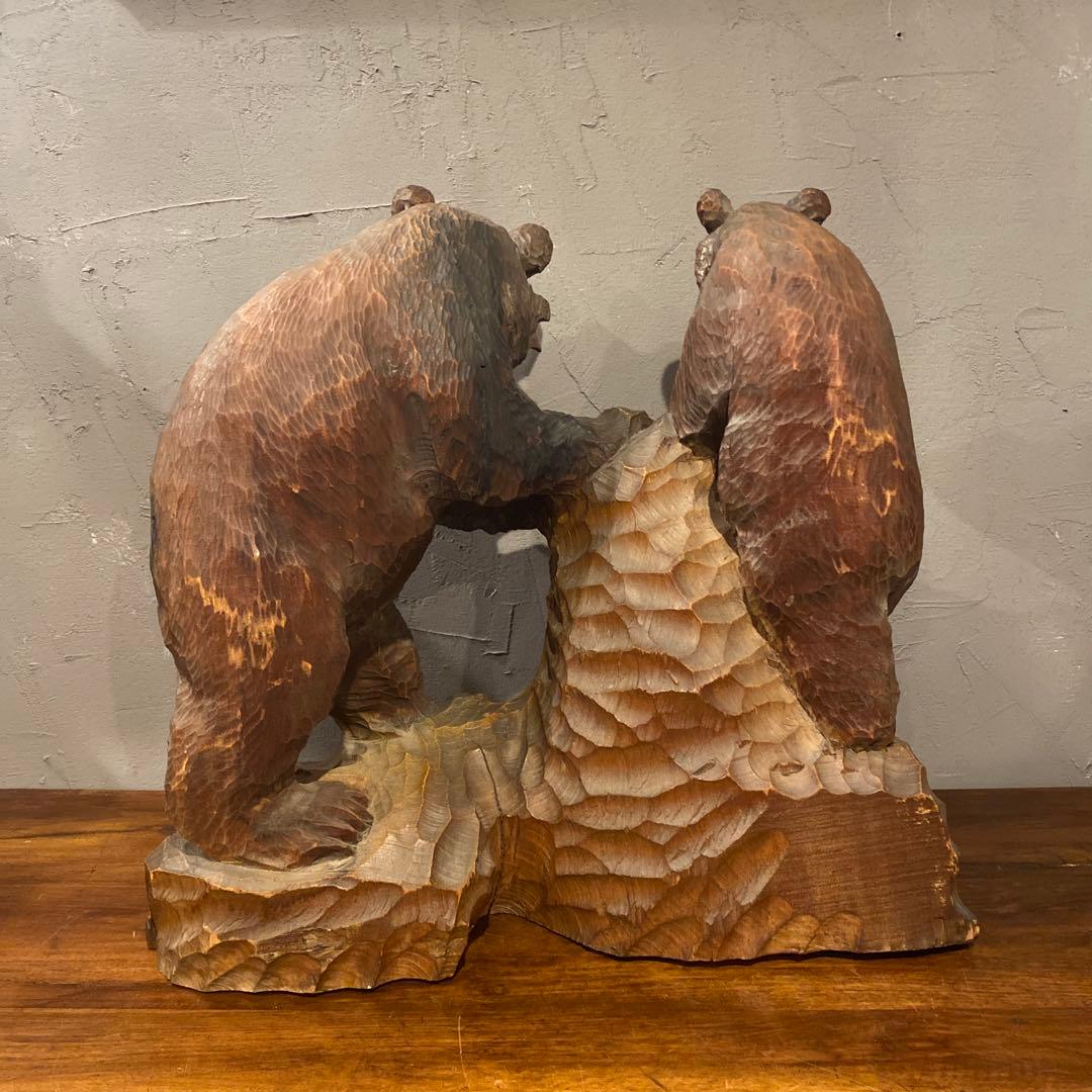 稀少 昭和レトロ 木彫の熊 置物 オブジェ 夫婦 インテリア コレクション