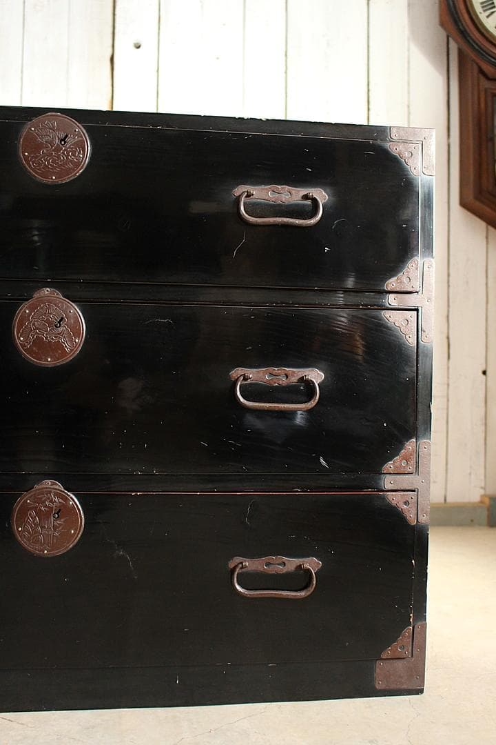 綺麗な丸金具庄内箪笥　3段　タンス　収納　古家具　古民家　時代家具