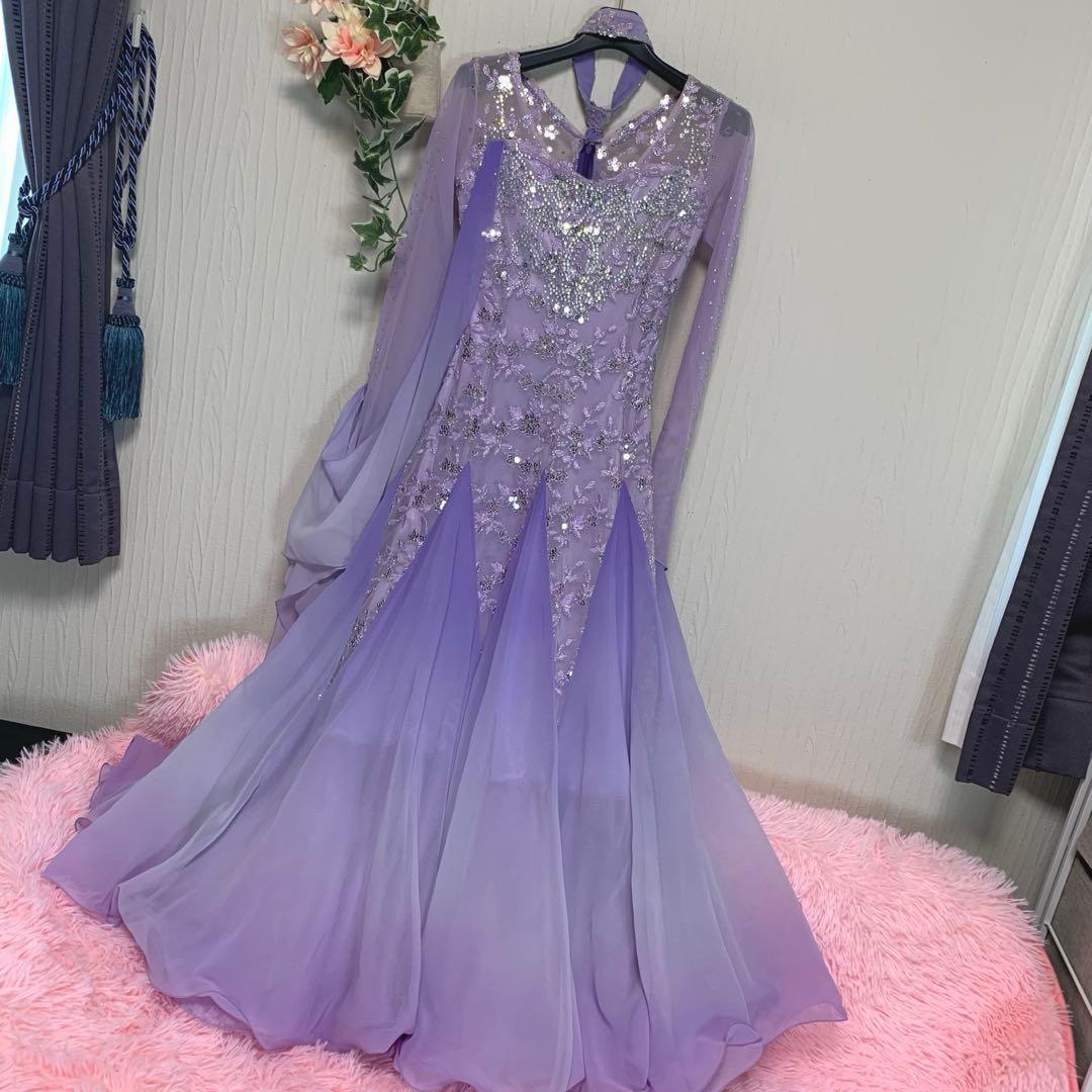 【豪華装飾/パープル◆社交ダンスドレス】M相当 ビジュー 競技 デモ 衣装