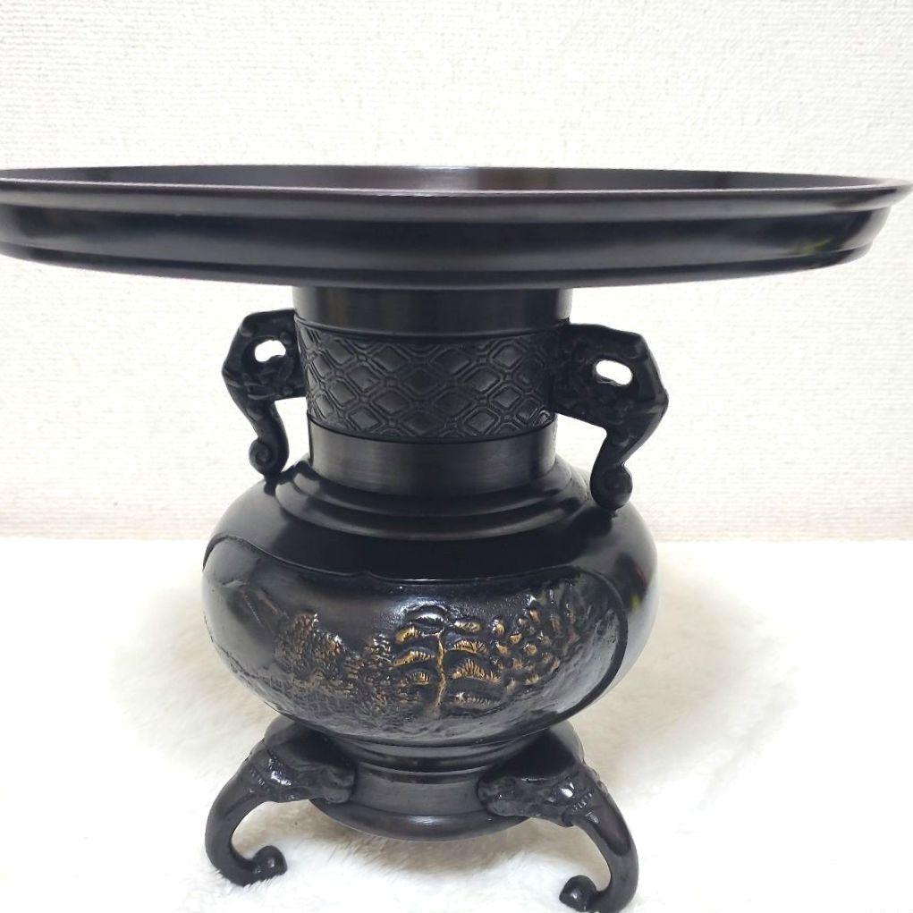 銅製 薄端（うすばた）三足 花器 鳥文 耳付き 床の間 置物 華道 茶道