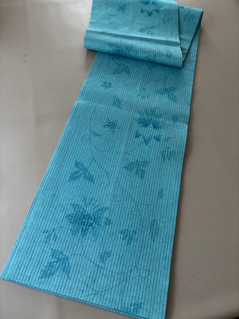 二葉苑 コバルトブルー 変わり織 紬地 正絹 九寸名古屋帯 極美品
