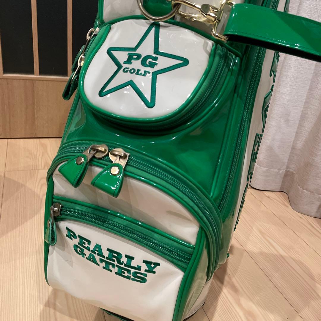 ［美品］PEARLY GATES キャディバッグ エナメル白×緑