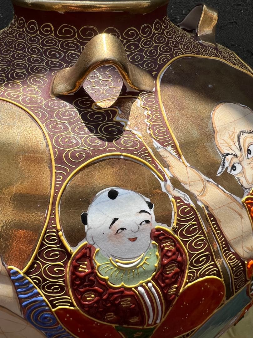 時代　珍品　薩摩焼　福神図飾壺　時代物　薩摩　壺　花器　花瓶　床置き
