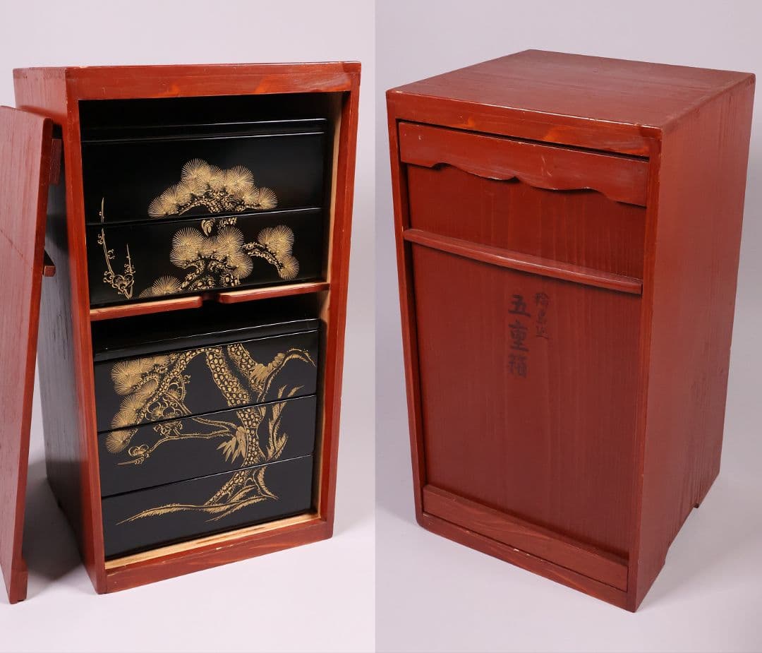 輪島塗 森漆器店 沈金 丸に蔦家紋 松竹梅 五段重箱 黒 朱 木製【MB57】