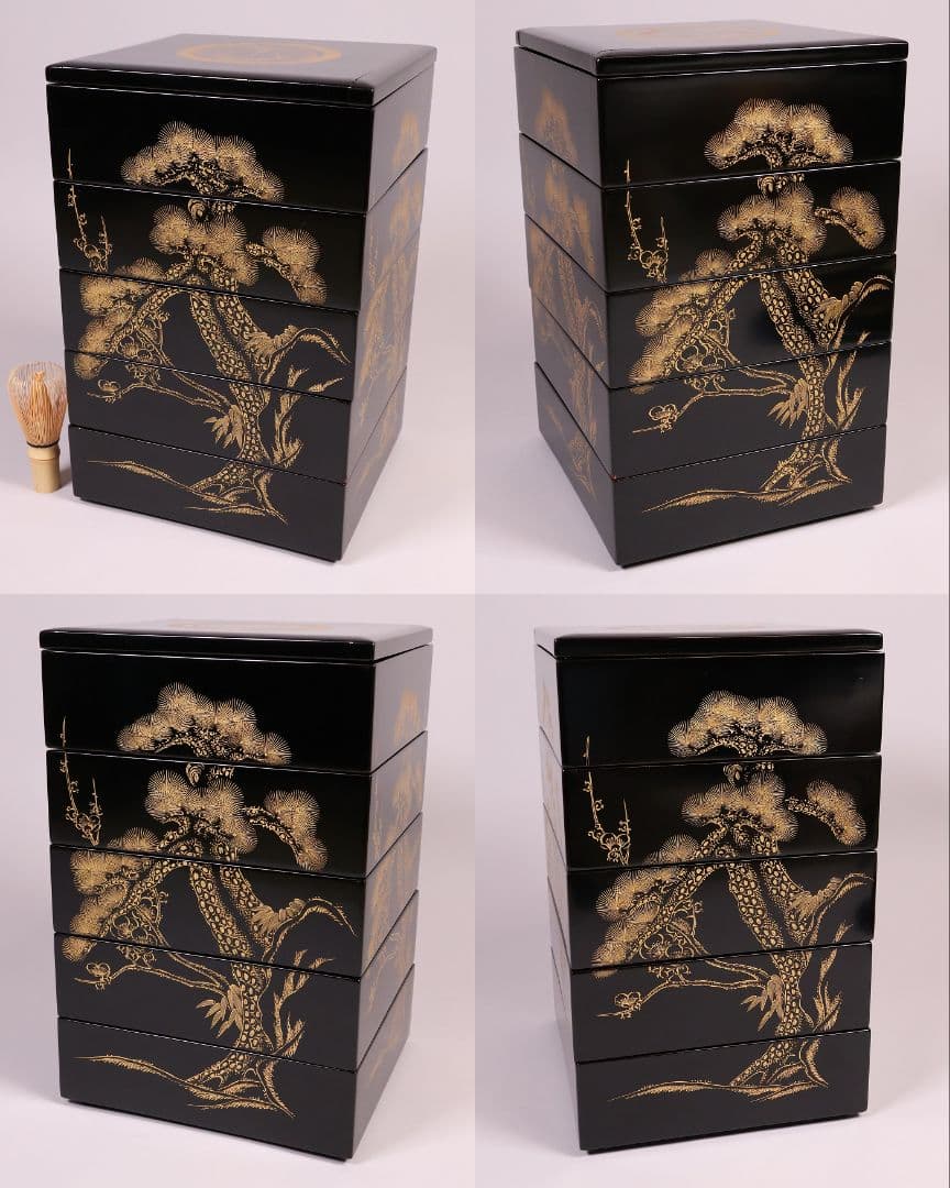 輪島塗 森漆器店 沈金 丸に蔦家紋 松竹梅 五段重箱 黒 朱 木製【MB57】