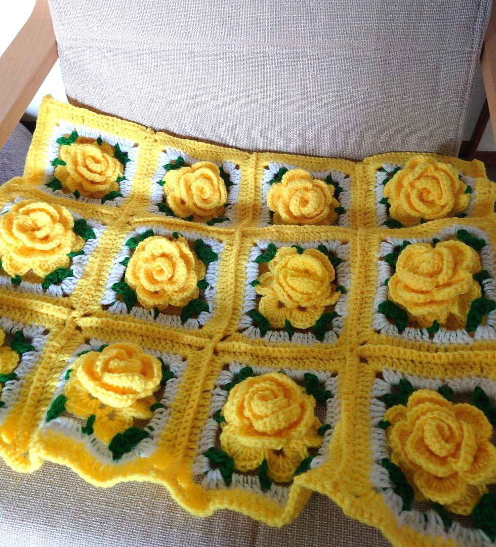 ハンドメイド 薔薇 モチーフ グラニースクエア ブランケット かぎ針編み