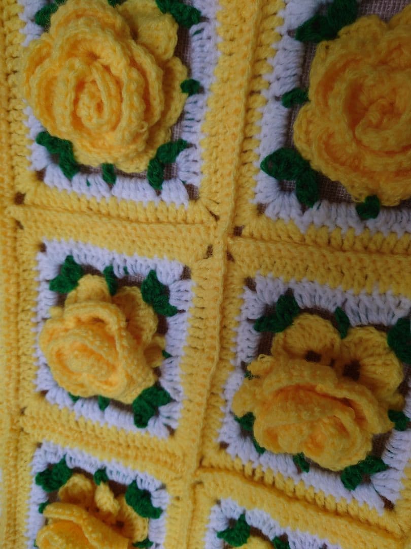 ハンドメイド 薔薇 モチーフ グラニースクエア ブランケット かぎ針編み