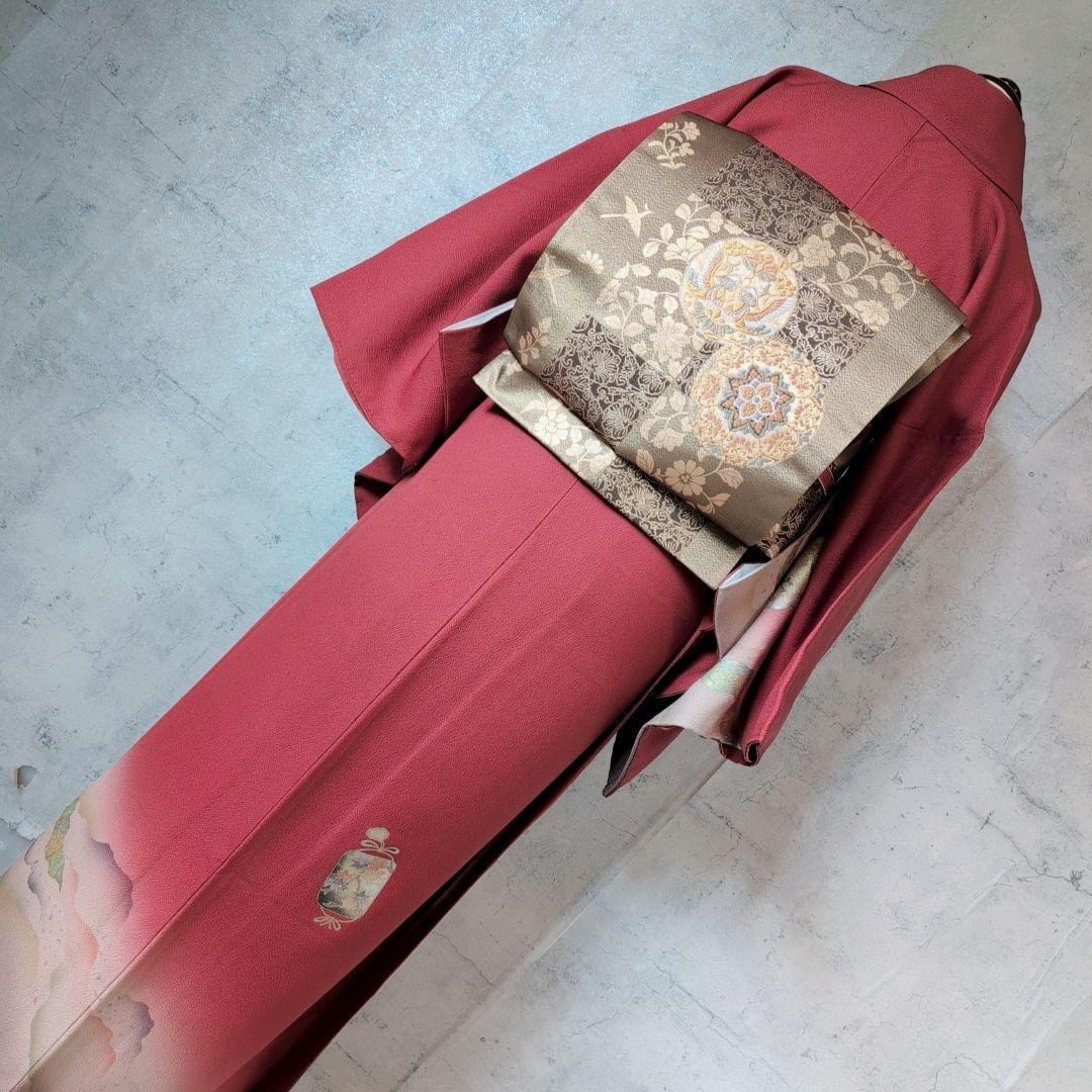 訪問着　フルセット　着物　正絹　赤　金　楽器　笛　バチ衿　O5