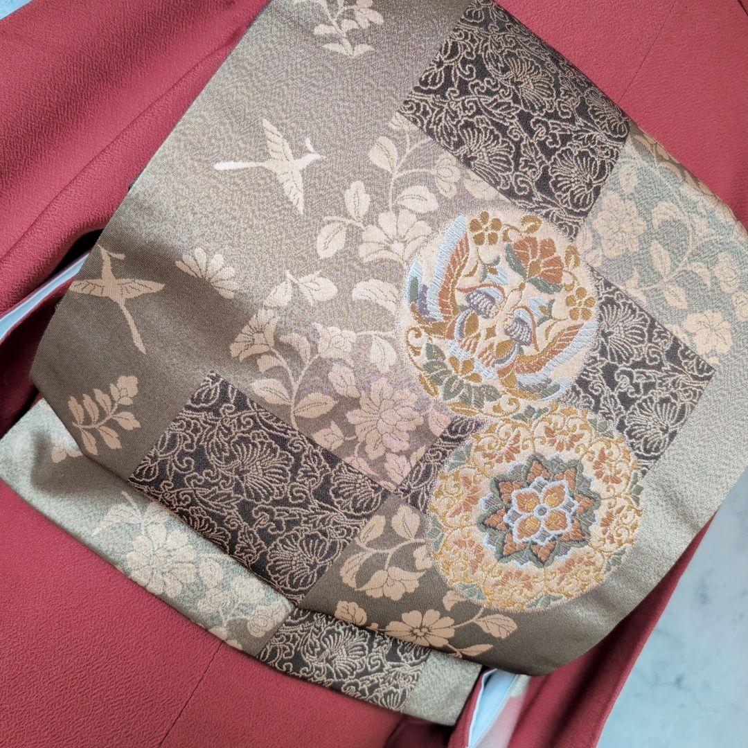 訪問着　フルセット　着物　正絹　赤　金　楽器　笛　バチ衿　O5