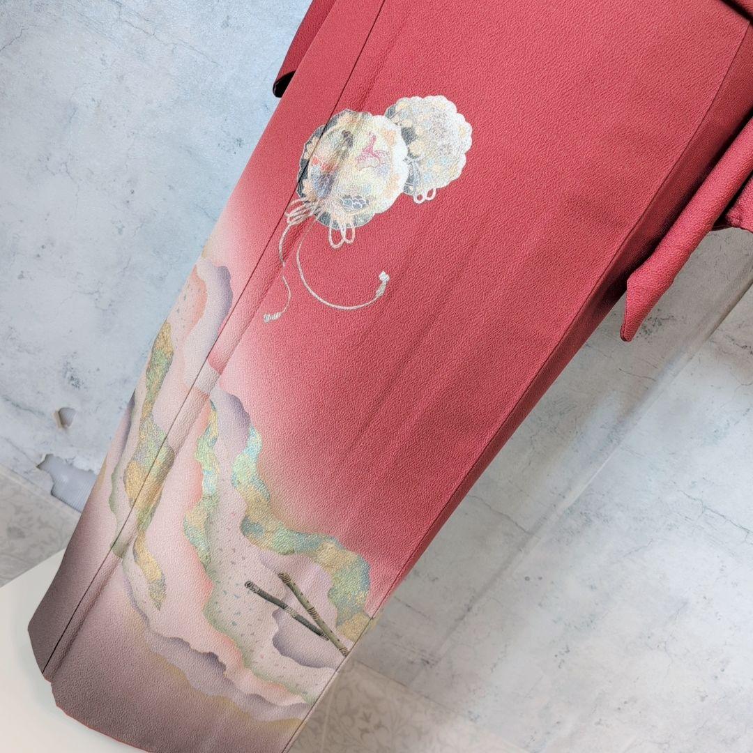 訪問着　フルセット　着物　正絹　赤　金　楽器　笛　バチ衿　O5