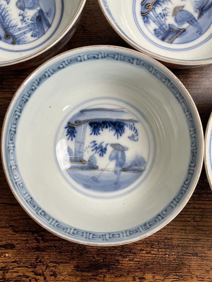 ①古伊万里 金襴手鶴華図茶碗 蓋物 五客 吸物碗/飯碗/お碗/蓋付/40