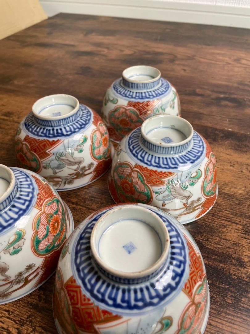 ①古伊万里 金襴手鶴華図茶碗 蓋物 五客 吸物碗/飯碗/お碗/蓋付/40