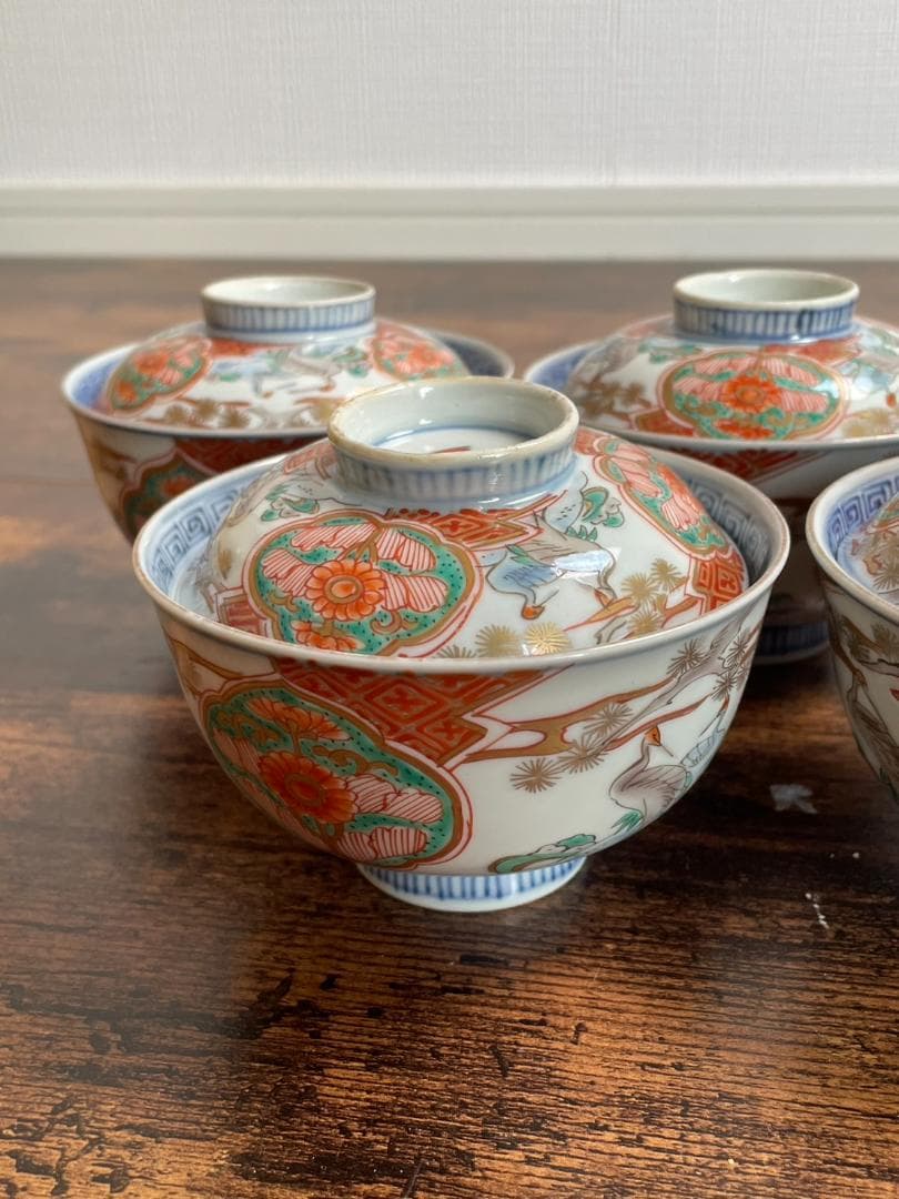①古伊万里 金襴手鶴華図茶碗 蓋物 五客 吸物碗/飯碗/お碗/蓋付/40