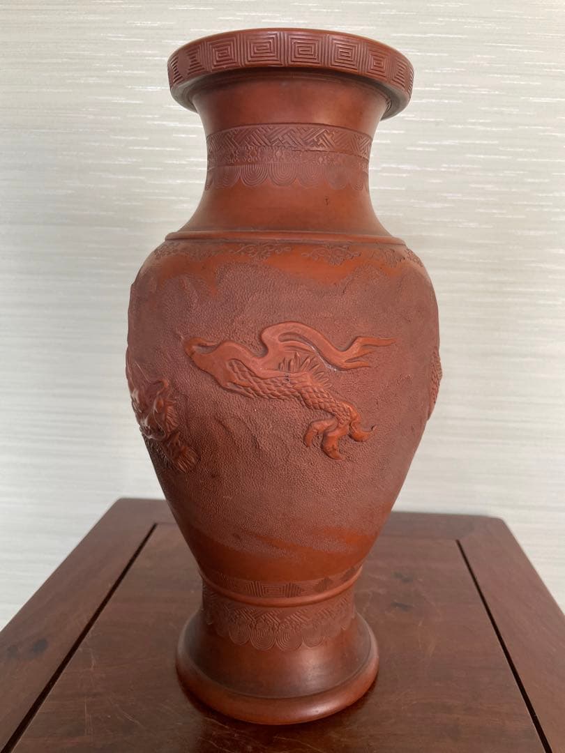 日本常滑 雲龍紋朱泥花瓶 名工細密 古道具時代物 美術品 古董品