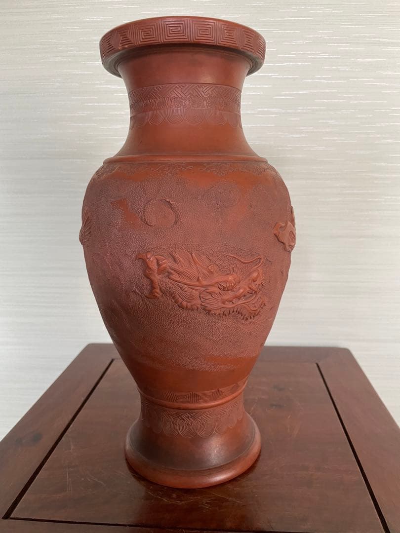 日本常滑 雲龍紋朱泥花瓶 名工細密 古道具時代物 美術品 古董品