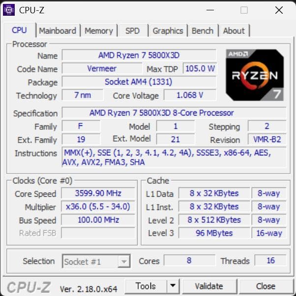 AMD Ryzen 7 5800X3D BOX 中古