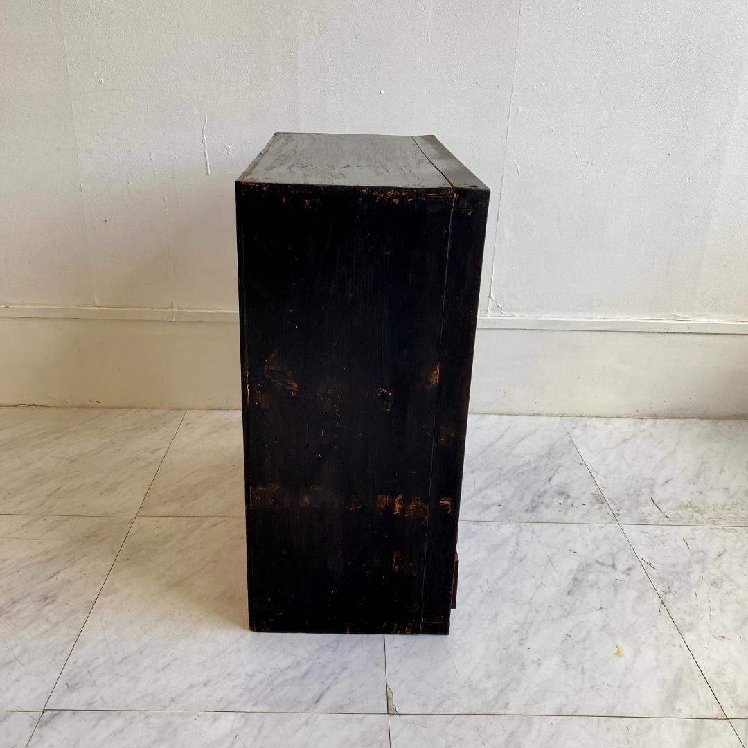 昭和レトロ ガラス戸 収納棚 黒枠 キャビネット 引き出し付き 古道具 食器棚