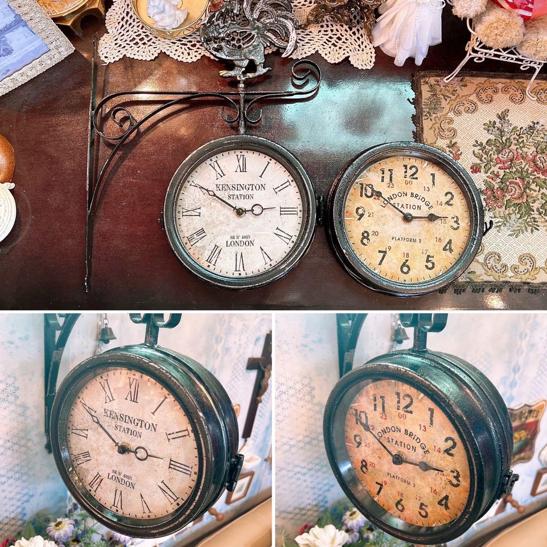 おしゃれな壁掛け時計 アンティーク 風見鶏top 両面時計 シャビーブラック