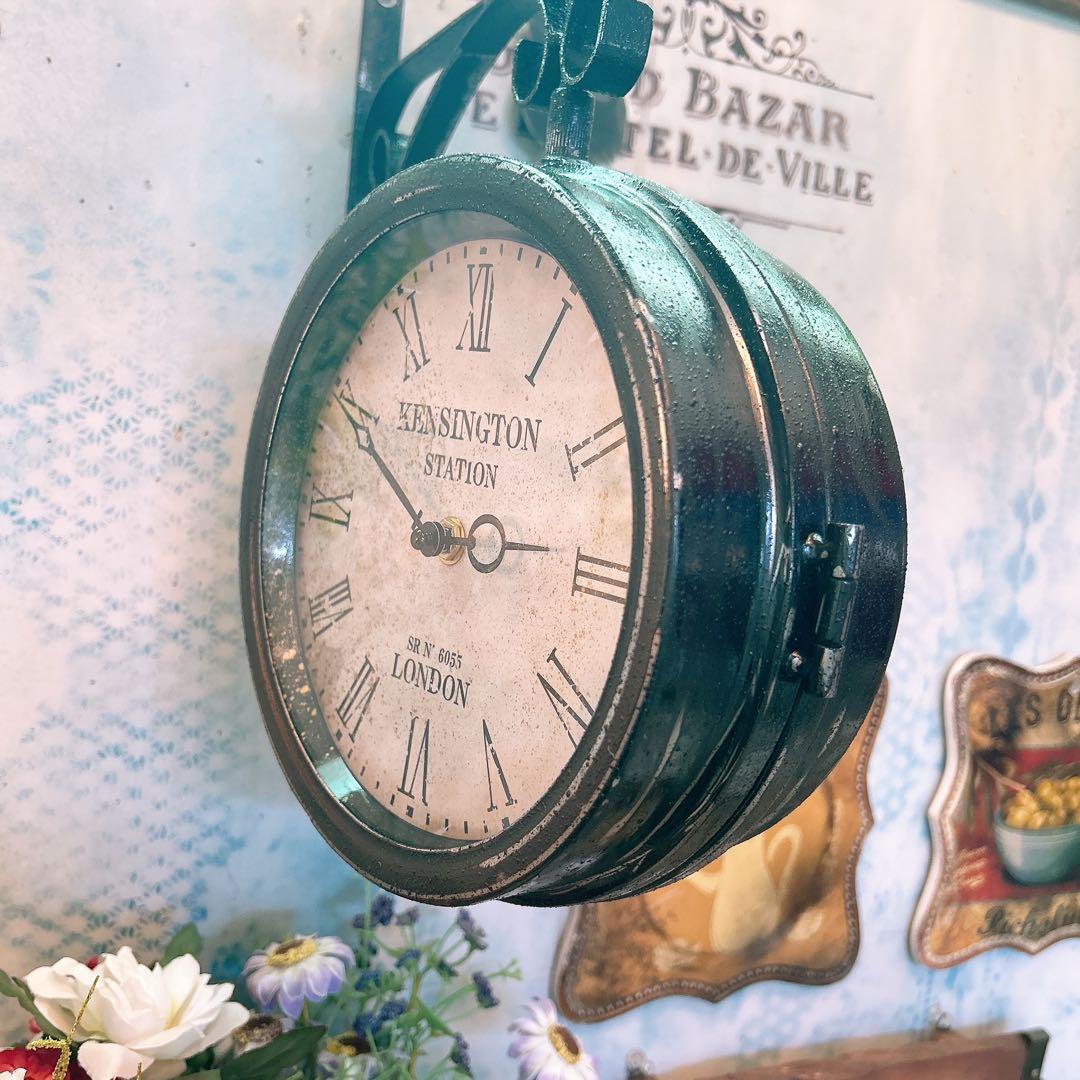 おしゃれな壁掛け時計 アンティーク 風見鶏top 両面時計 シャビーブラック