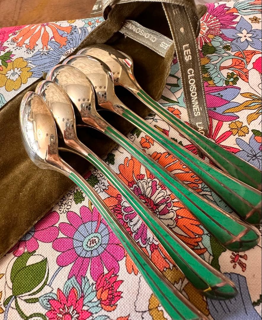 クリストフルシルバー緑色ハンドルのティースプーン5本セット