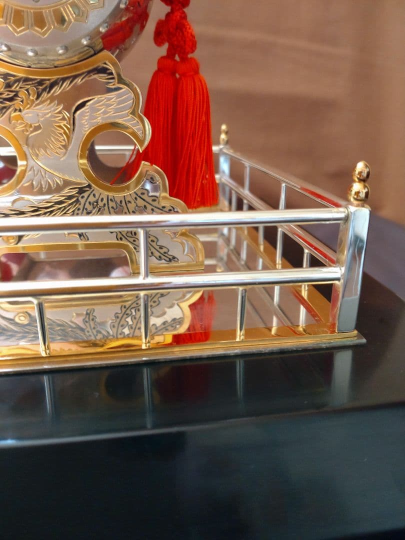 銀製/諫古太鼓/太鼓乗鶏/置物/共箱 ガラスケース付/縁起物/骨董品/美術品/