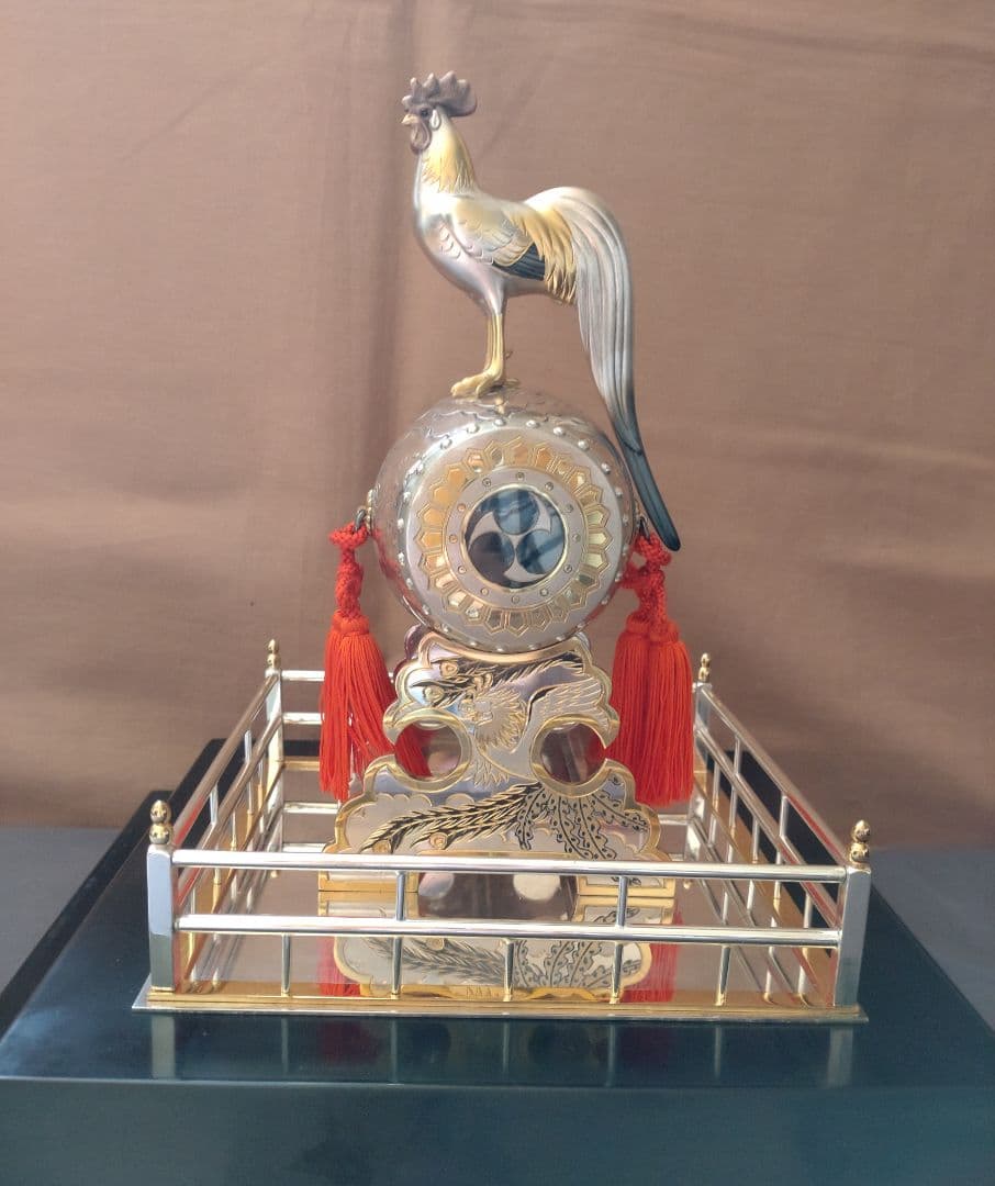 銀製/諫古太鼓/太鼓乗鶏/置物/共箱 ガラスケース付/縁起物/骨董品/美術品/