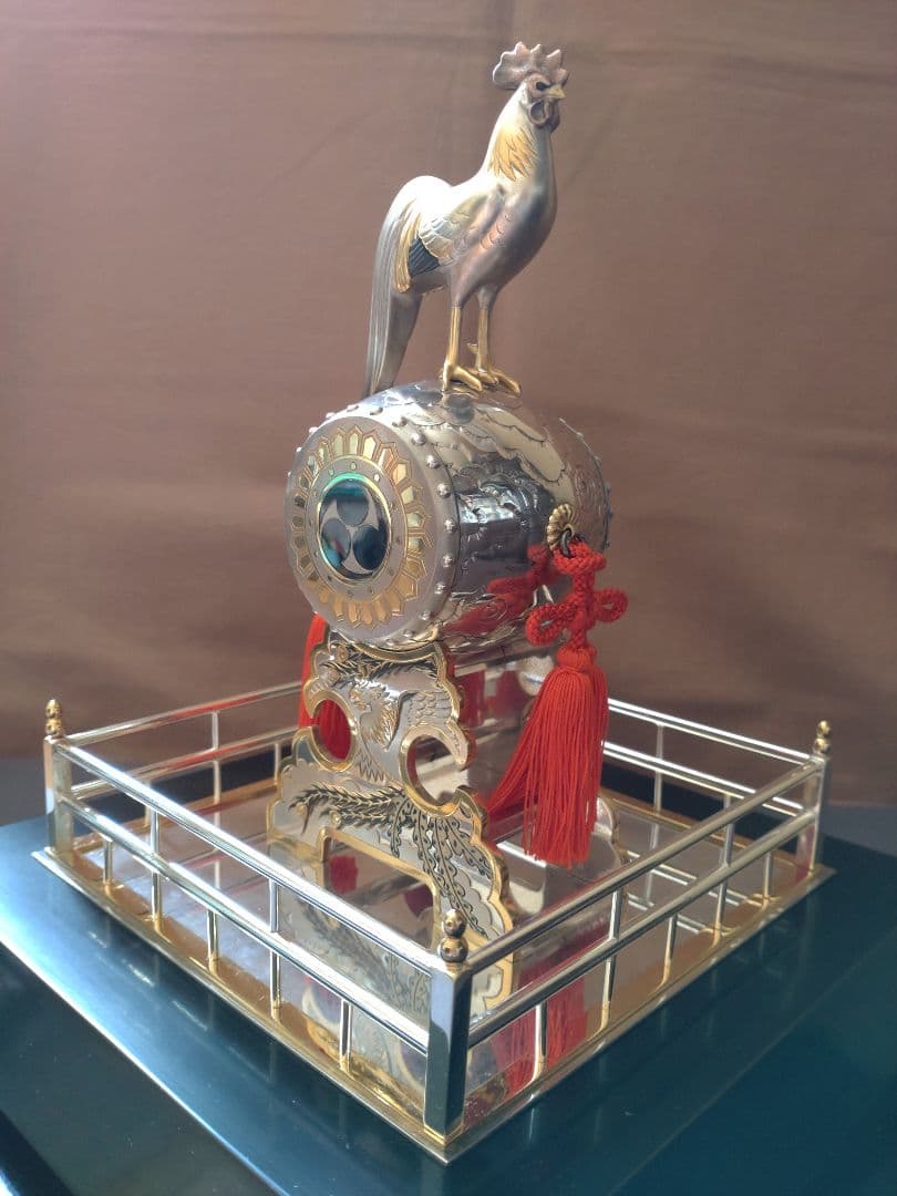 銀製/諫古太鼓/太鼓乗鶏/置物/共箱 ガラスケース付/縁起物/骨董品/美術品/