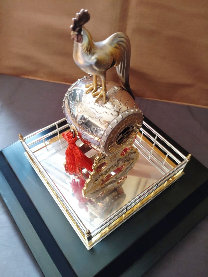 銀製/諫古太鼓/太鼓乗鶏/置物/共箱 ガラスケース付/縁起物/骨董品/美術品/