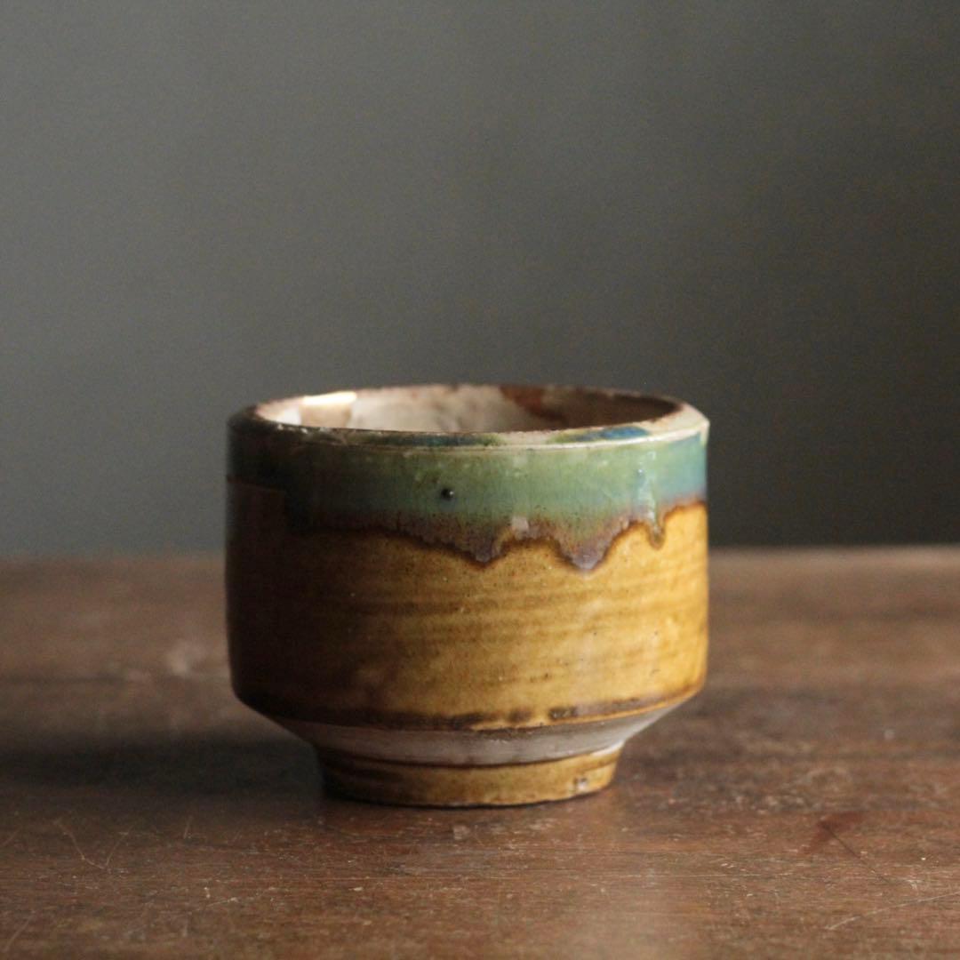 壺屋焼 緑掛け飴釉 火入 筒茶碗 古道具 アンティーク