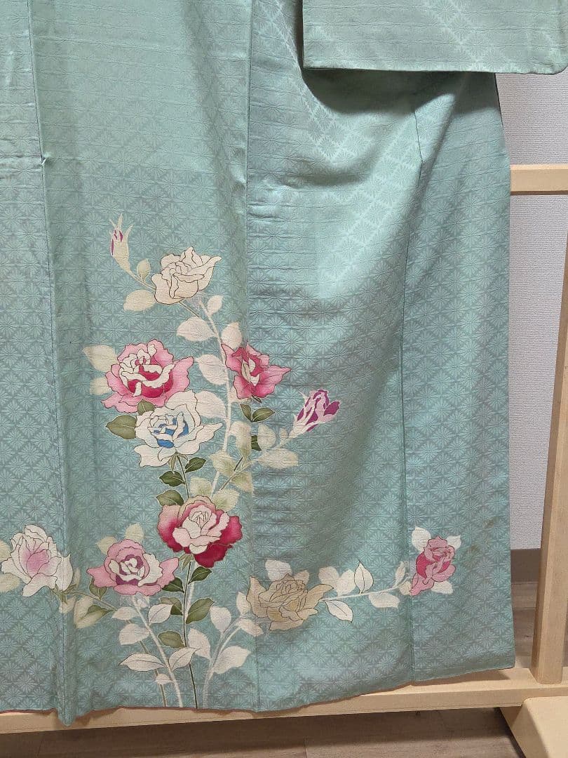 A◆着物くつろぎ セミアンティーク 薔薇 金彩 金駒刺繍 水色 袷 訪問着 着物
