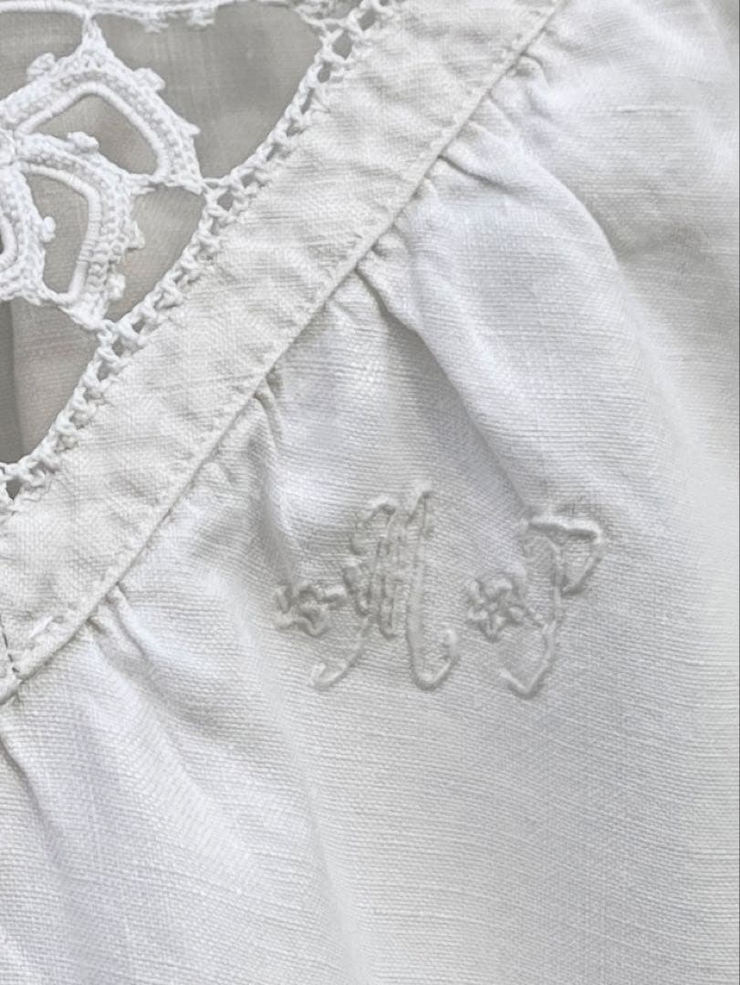 ◆フランスアンティーク｜手編みレースのナイトドレス、リネンワンピース、ネグリジェ