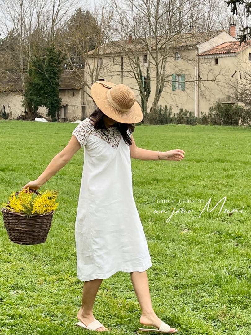 ◆フランスアンティーク｜手編みレースのナイトドレス、リネンワンピース、ネグリジェ