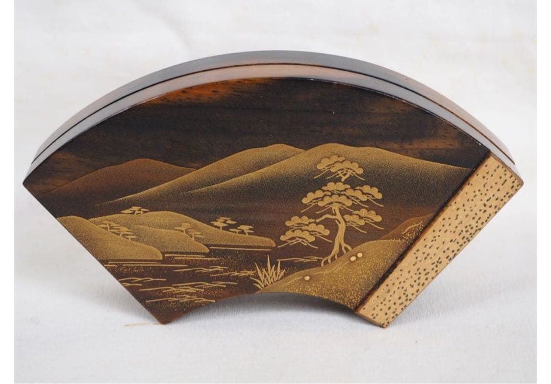 送料無料 蒔絵師　北浜風月造 銘木黒柿蒔絵扇面香合　共箱・作歴　茶道具