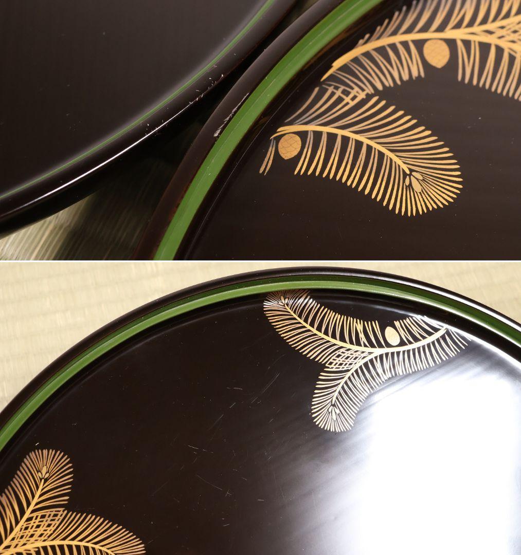 輪島塗 本堅地 黒塗 縁青漆 足付 丸膳 37.8cm 六客 木製【CM382