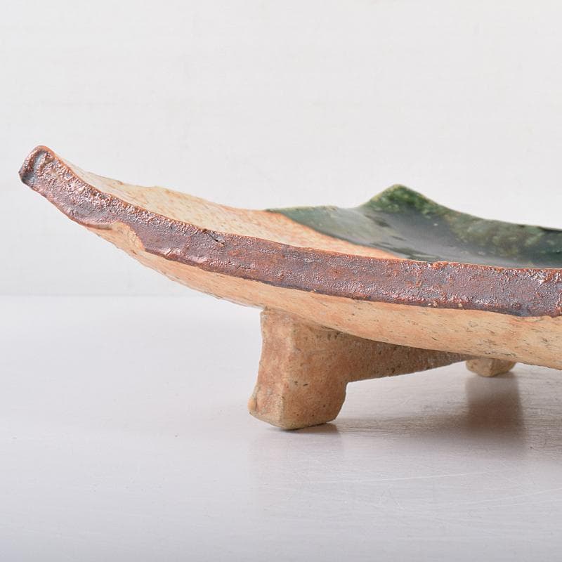 北大路魯山人作　織部焼　鳥絵　長四方皿　狙板　共布　極め箱　D　R7695B