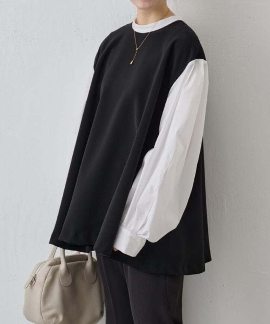 ビアズリー　レイヤード風ボリューム袖ブラウス　ブラック　洗える　長袖