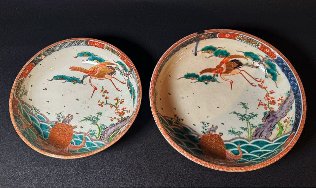 明治期 色絵松鶴亀文 盛鉢 大小二客 共箱
