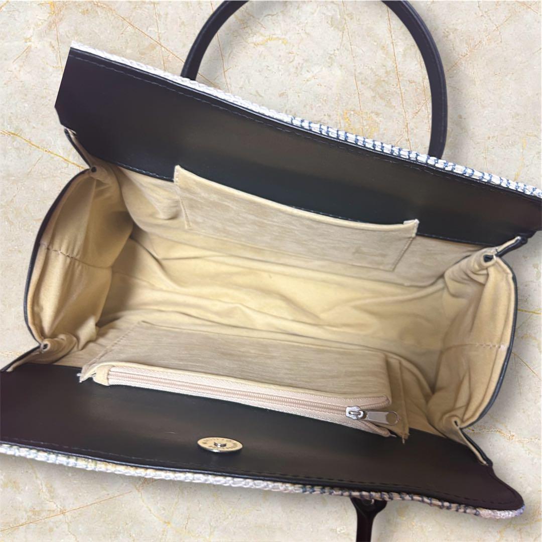 美品 利休バッグ 和装 フォーマル 上品織柄 黒持ち手 茶道 冠婚葬祭