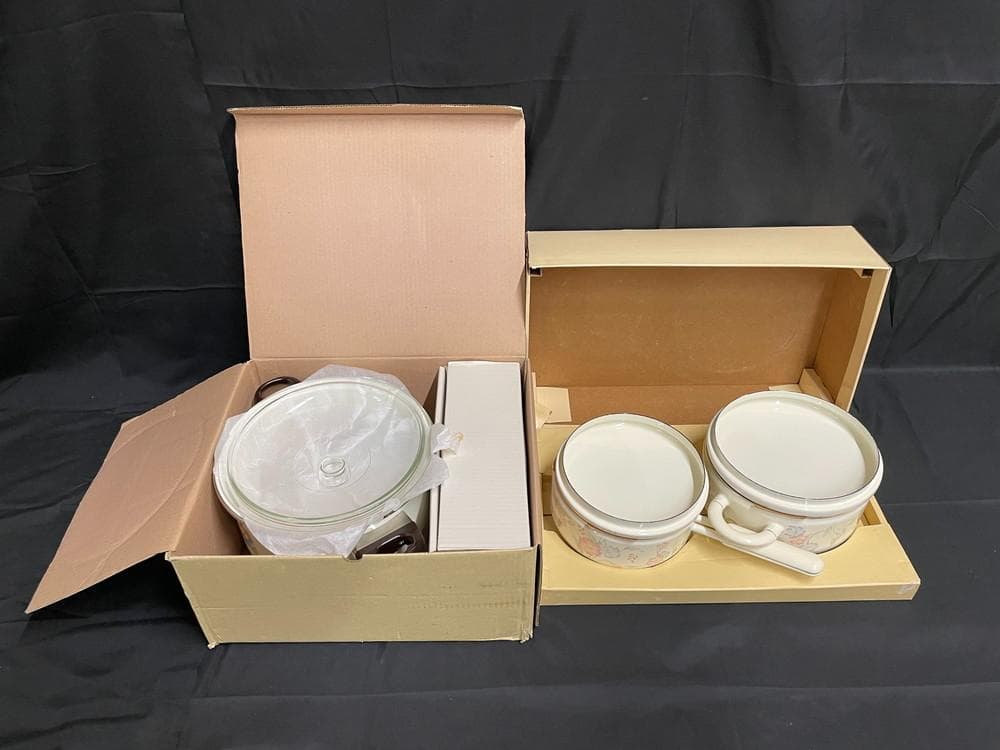 ◆昭和レトロホーロー片手鍋＆両手鍋セット蒸し兼用茶碗蒸し椀５個セット　08199