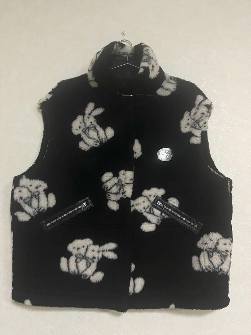 mukzin ムクジン 黒ファー L クマ柄 ベスト 柄物 熊 動物 ブラック