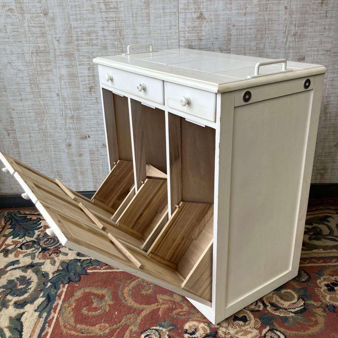 北欧レトロ 3分別 タイル張り 木製ダストボックス ゴミ箱 キッチンワゴン