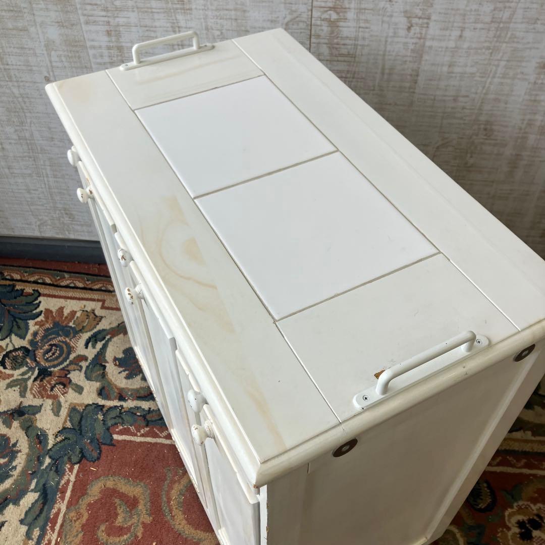 北欧レトロ 3分別 タイル張り 木製ダストボックス ゴミ箱 キッチンワゴン