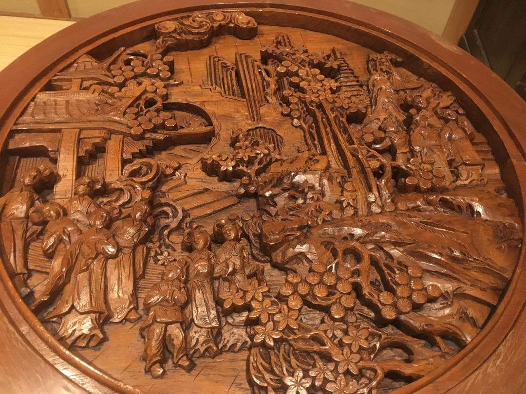 【アンティーク】中国彫木製　テーブル&椅子セット