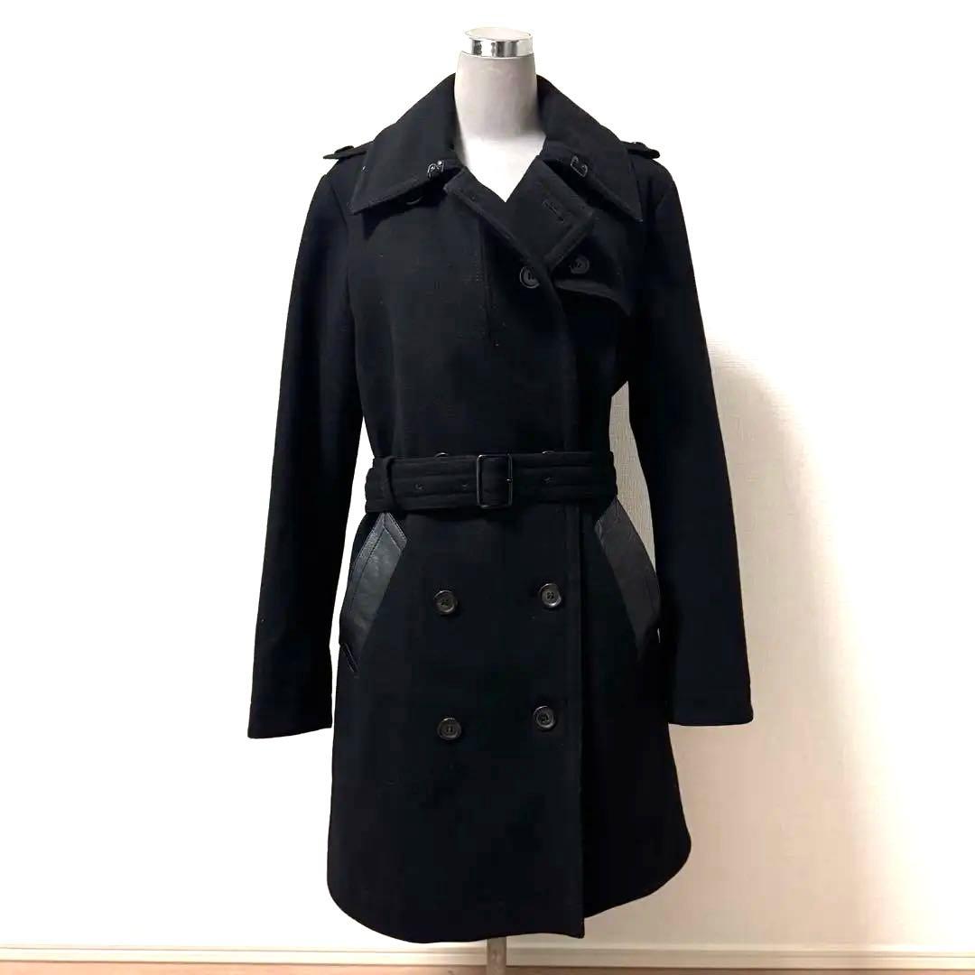 COACHウールトレンチコート革ポケットSブラック
