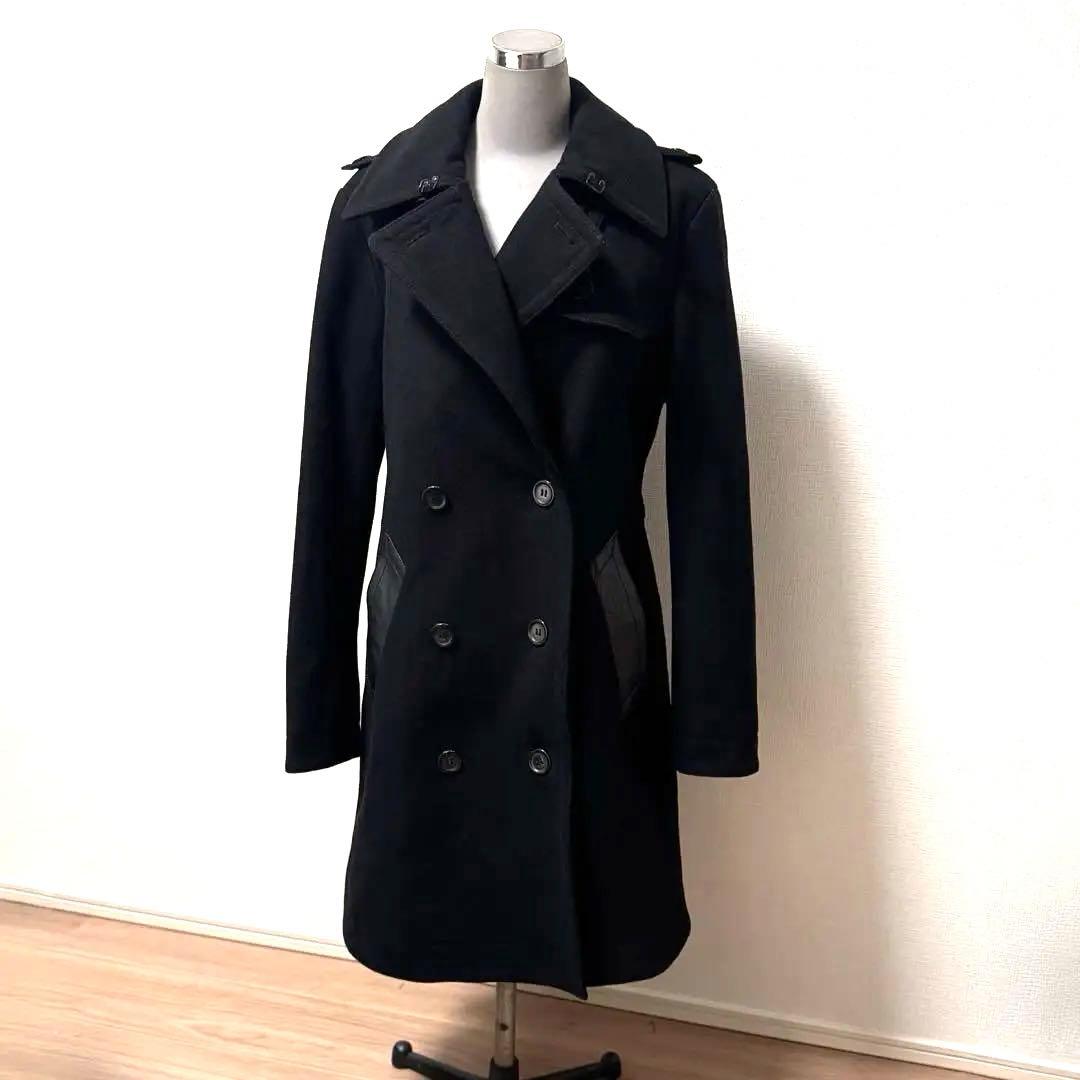 COACHウールトレンチコート革ポケットSブラック