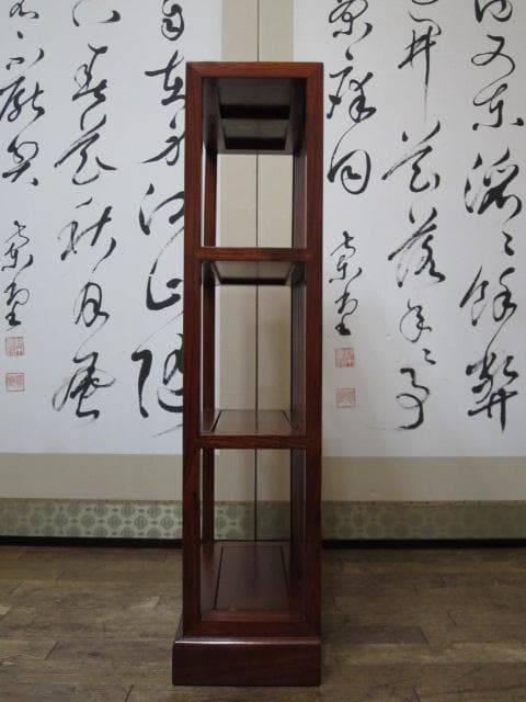 総唐木 花梨 無垢材 縦桟格子 3段 民芸 書棚/本棚/ブックシェルフ/飾り棚