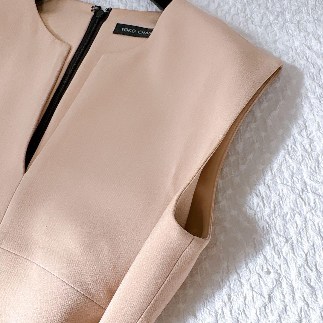 YOKOCHAN コクーンワンピース　ピンクベージュ　スリットネック　膝丈　L